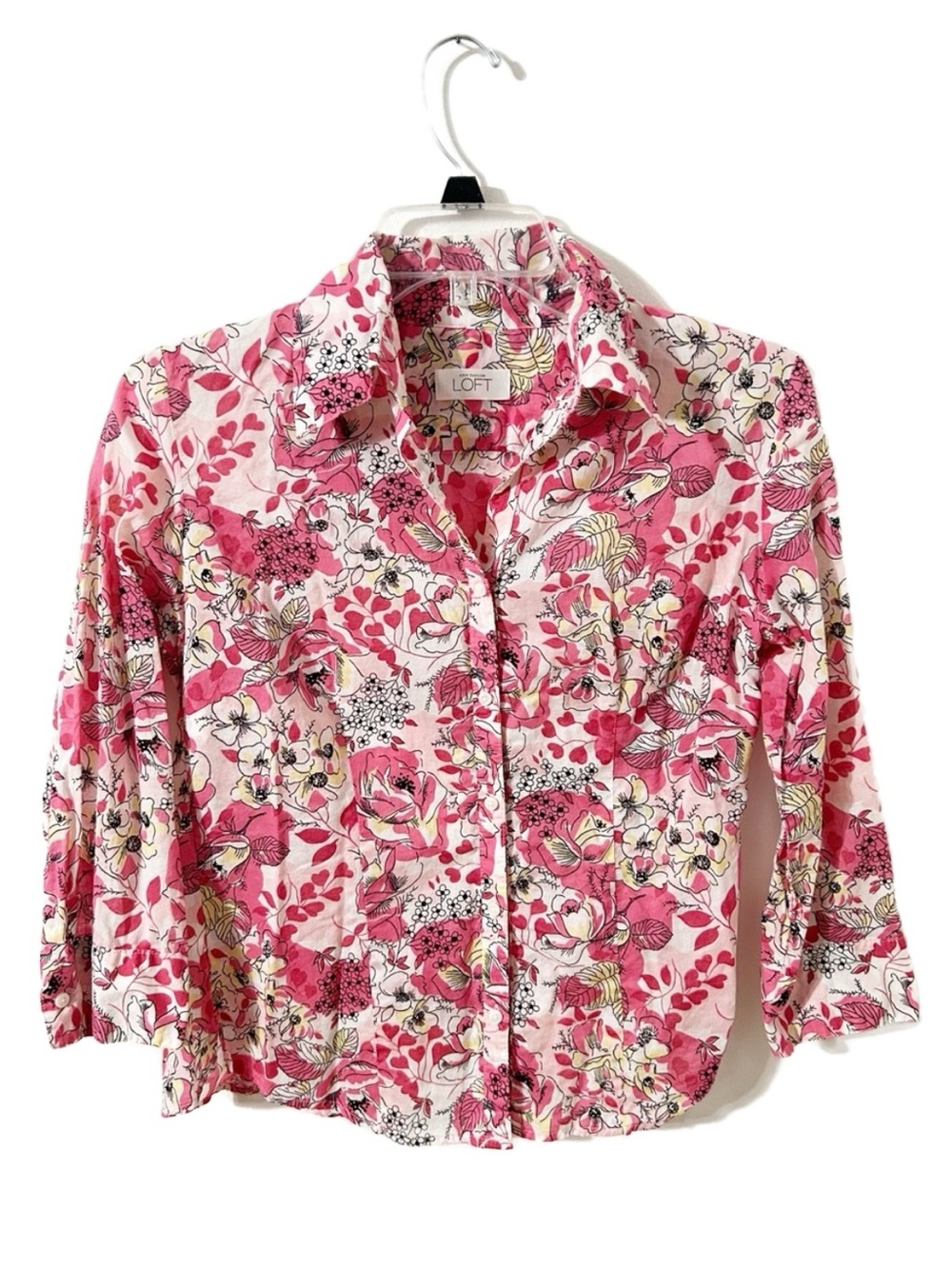 Ann Taylor LOFT Pink Floral Button Down Shirt 100% Cotton 3/4 Sleeve Blouse